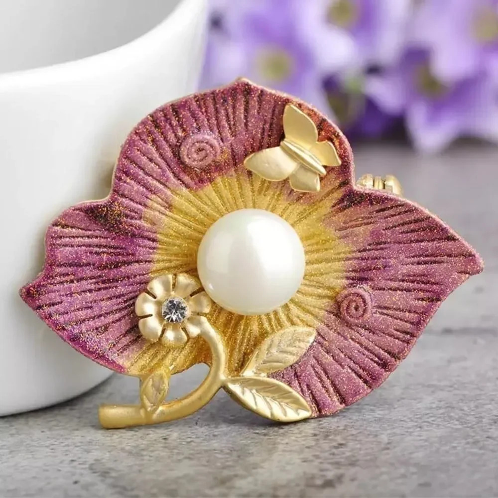 Pink and Gold Pearl Floral Brooch with Butterfly Accent
